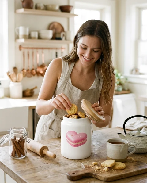 Boîte à biscuits avec couvercle en bois avec motif Macaron Cœur - Déclaration Gourmande