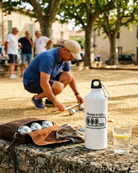Gourde en inox avec mousqueton 750 ml avec motif Pétanque en Cours : Ne Dérangez Pas !