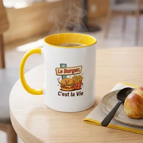 Mug bicolore jaune avec motif Le Burger C'est la Vie