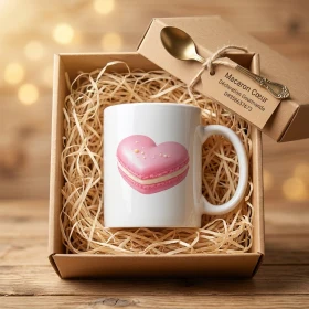 Mug blanc céramique en coffret cadeau kraft avec motif Macaron Cœur
