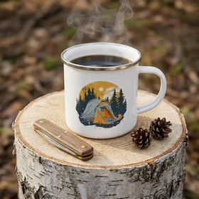 Tasse émaillée vintage avec motif Nuit de Camping en Forêt
