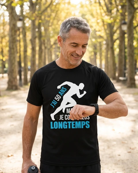 Maquette de T-shirt respirant Homme « Coureur 50 Ans - Running Papa Papi Toujours en Forme » à personnaliser