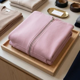 Sweat à capuche unisexe zippé oversize épais SPREAD en Rose poudré personnalisable'Âme du Biker plié sur établi avec gants moto en cuir