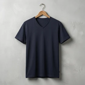 T-shirt encolure en V Premium bio Homme en Bleu marine personnalisable's Not Dead suspendu sur cintre chêne