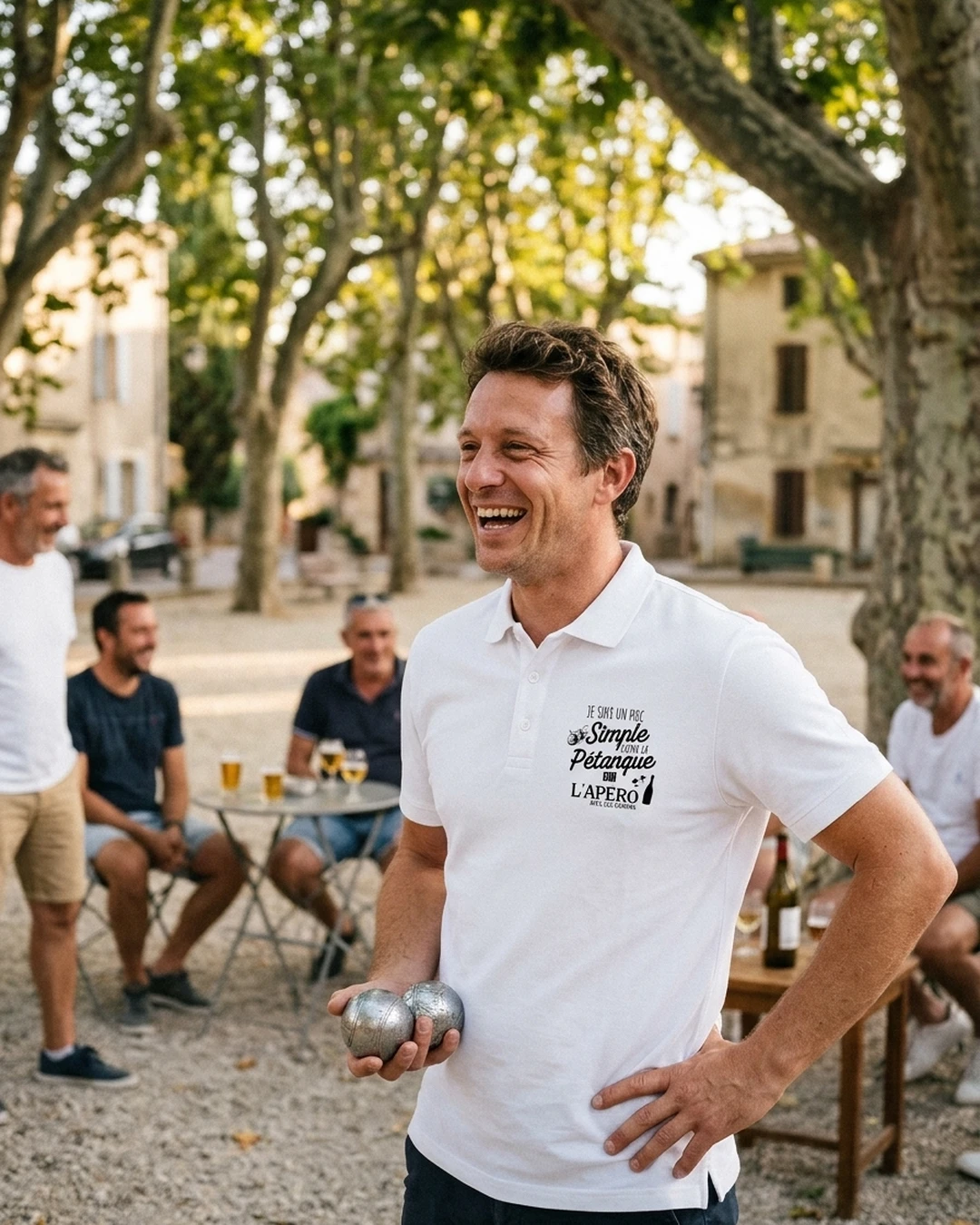 Maquette de Polo Organic JAKO Homme « Pétanque & Apéro : L'Équipe Gagnante » à personnaliser