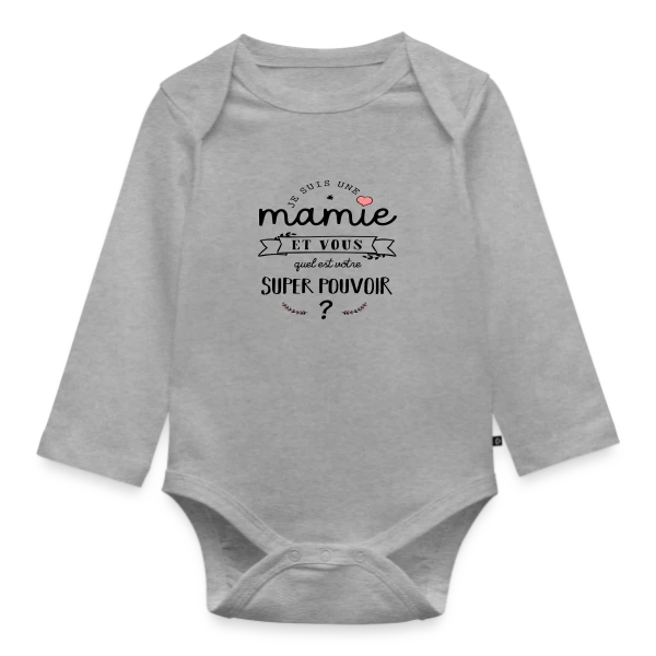 Maquette de Body Bébé bio manches longues « Mamie : Mon Super Pouvoir » à personnaliser
