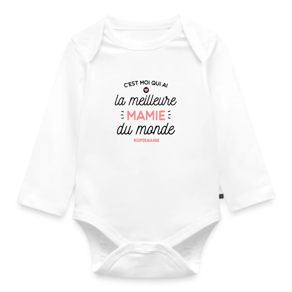 Maquette de Body Bébé bio manches longues « Mamie en Or : La Meilleure du Monde » à personnaliser