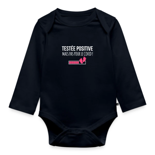 Maquette de Body Bébé bio manches longues « Testée Positive (Grossesse) - Humour Annonce Bébé » à personnaliser