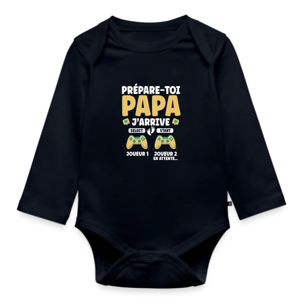 Maquette de Body Bébé bio manches longues « Prépare-toi Papa J'arrive : T-shirt Annonce Grossesse Gamer » à personnaliser