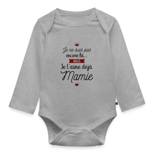 Maquette de Body Bébé bio manches longues « Je t'aime déjà Mamie | Annonce Grossesse Adorable » à personnaliser