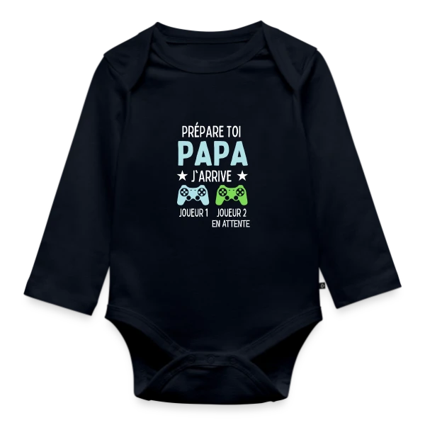 Maquette de Body Bébé bio manches longues « Futur Papa Gamer - Annonce Grossesse Humour » à personnaliser