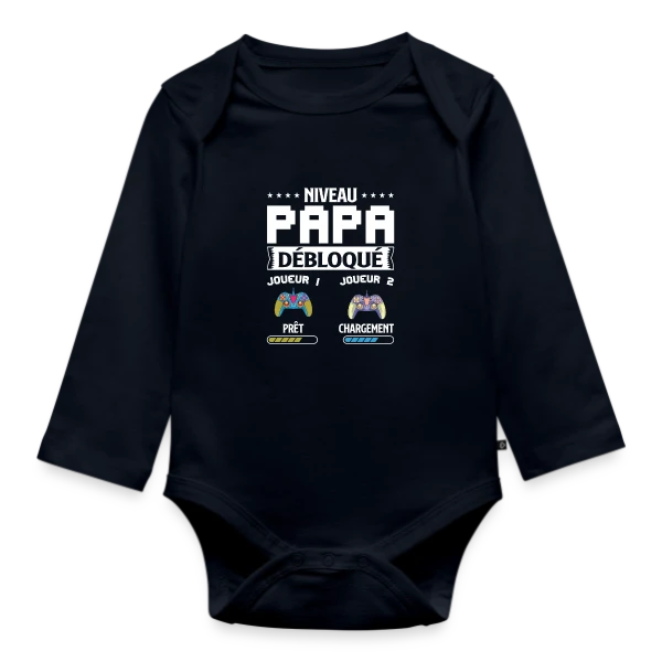 Maquette de Body Bébé bio manches longues « Niveau Papa Débloqué : T-shirt Futur Papa Gamer » à personnaliser