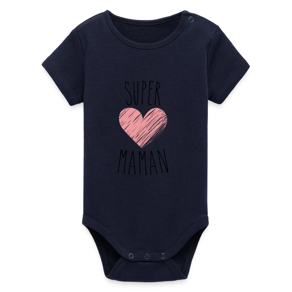 Maquette de Body bébé manches courtes bio Stanley/Stella « Super Maman : Le T-shirt Indispensable pour votre Héroïne » à personnaliser