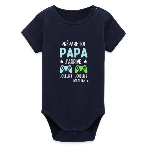 Maquette de Body bébé manches courtes bio Stanley/Stella « Futur Papa Gamer - Annonce Grossesse Humour » à personnaliser