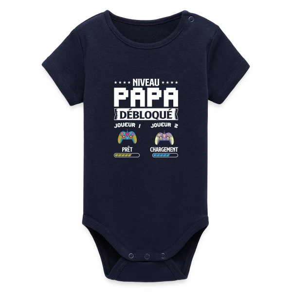 Maquette de Body bébé manches courtes bio Stanley/Stella « Niveau Papa Débloqué : T-shirt Futur Papa Gamer » à personnaliser