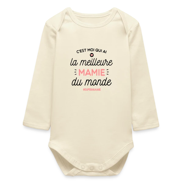 Maquette de Body bébé manches longues biologique « Mamie en Or : La Meilleure du Monde » à personnaliser