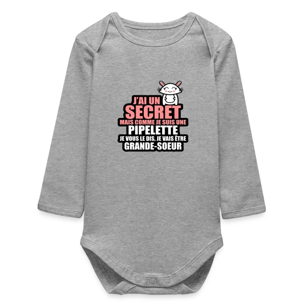 Maquette de Body bébé manches longues biologique « Annonce Grossesse : J'ai Un Secret, Je Vais Être Grande-Sœur » à personnaliser