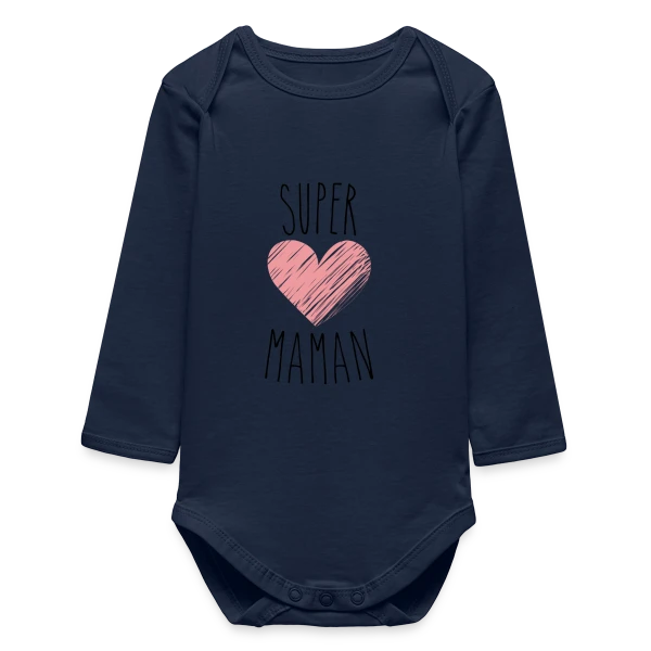 Maquette de Body bébé manches longues biologique « Super Maman : Le T-shirt Indispensable pour votre Héroïne » à personnaliser
