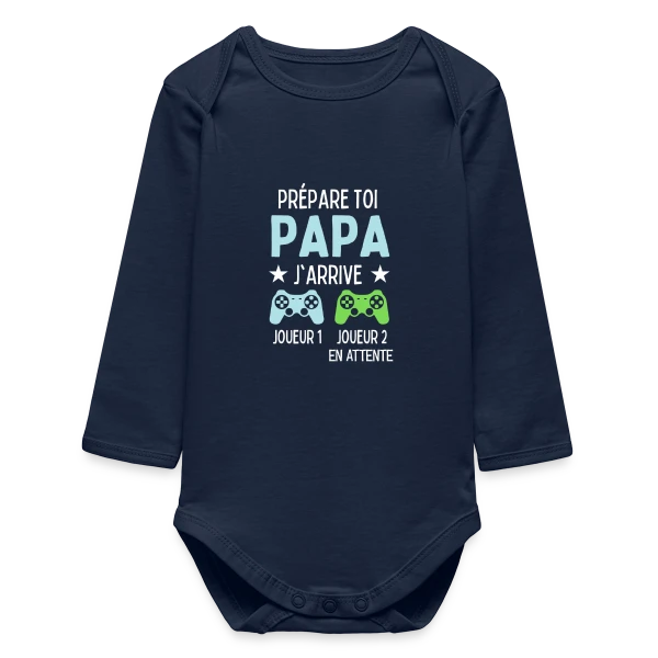 Maquette de Body bébé manches longues biologique « Futur Papa Gamer - Annonce Grossesse Humour » à personnaliser