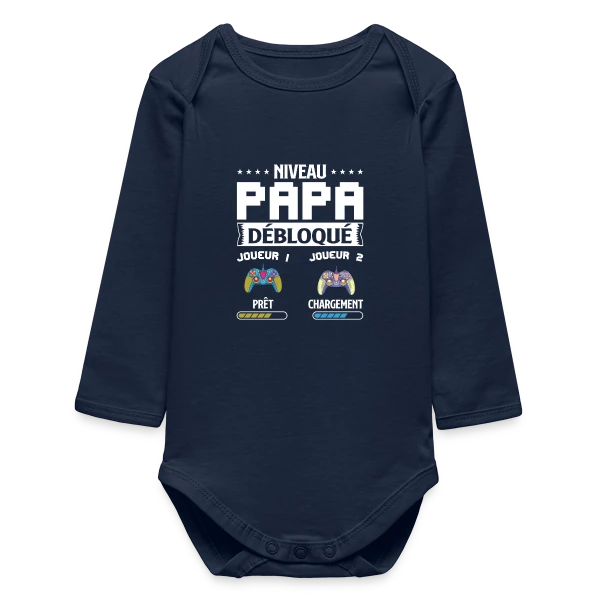 Maquette de Body bébé manches longues biologique « Niveau Papa Débloqué : T-shirt Futur Papa Gamer » à personnaliser