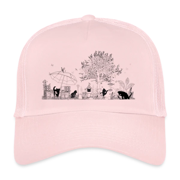 Jardin Luxuriant et Chats Noirs - Dessin Monochrome sur Casquette trucker