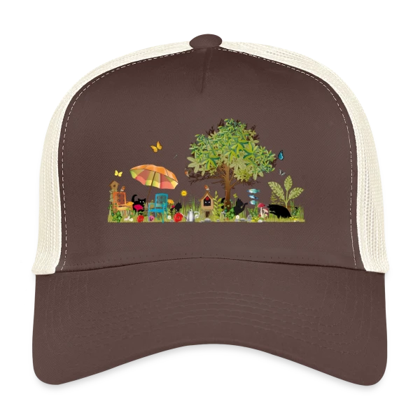 Jardin luxuriant et Chats Noirs - Illustration Poétique sur Casquette trucker