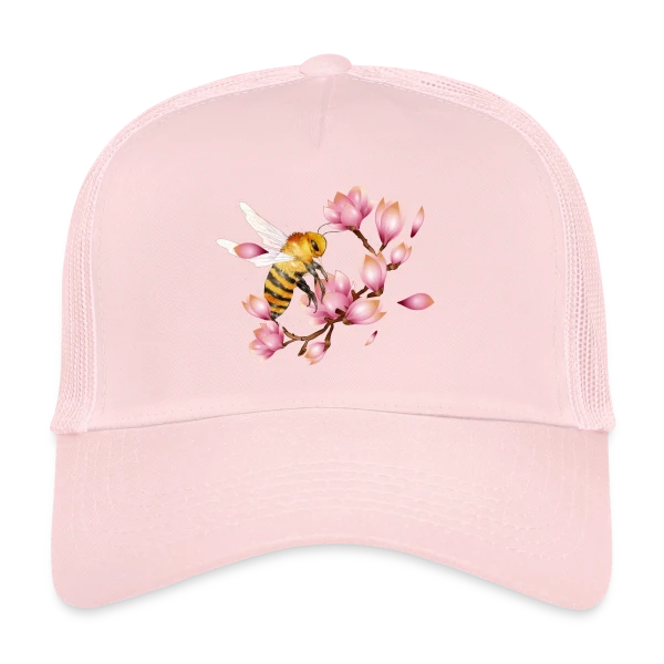 Abeille Volante et Magnolias – Dessin Main Élégant sur Casquette trucker