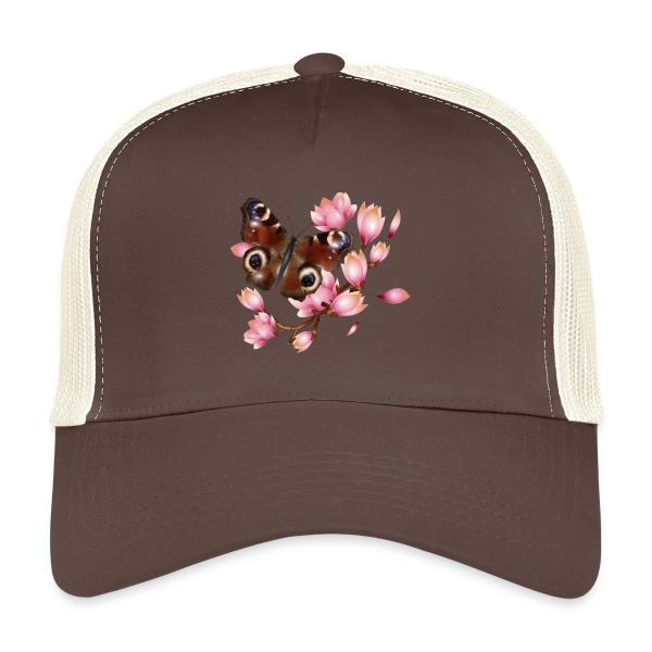 Papillon Paon et Magnolia Rose : Élégance Naturelle sur Casquette trucker