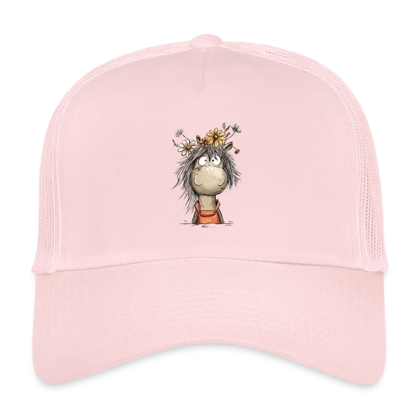 Cheval mignon en salopette et fleurs sauvages sur Casquette trucker