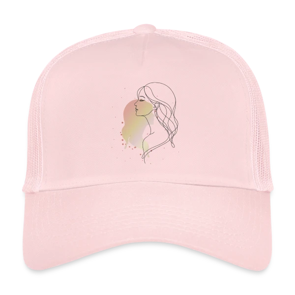 Portrait de Femme en Art Ligne - Élégance Minimaliste sur Casquette trucker