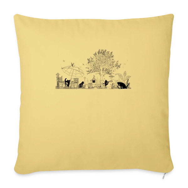 Jardin Luxuriant et Chats Noirs - Dessin Monochrome sur Housse de coussin décorative 45 x 45 cm