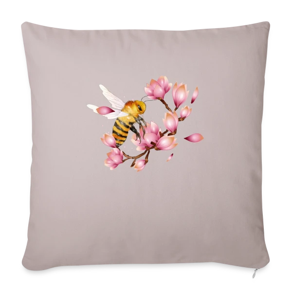 Abeille Volante et Magnolias – Dessin Main Élégant sur Housse de coussin décorative 45 x 45 cm