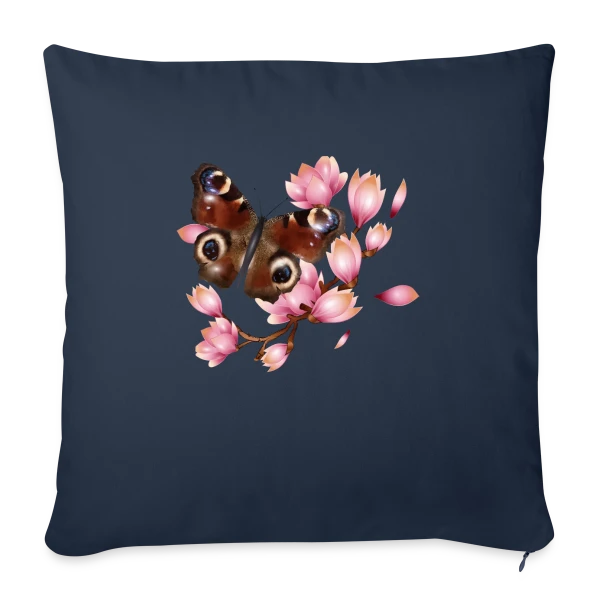 Papillon Paon et Magnolia Rose : Élégance Naturelle sur Housse de coussin décorative 45 x 45 cm