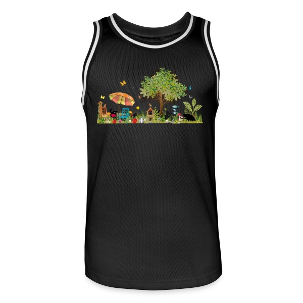 Jardin luxuriant et Chats Noirs - Illustration Poétique sur Maillot de basket Homme