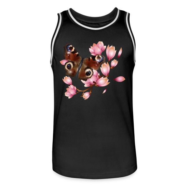 Papillon Paon et Magnolia Rose : Élégance Naturelle sur Maillot de basket Homme