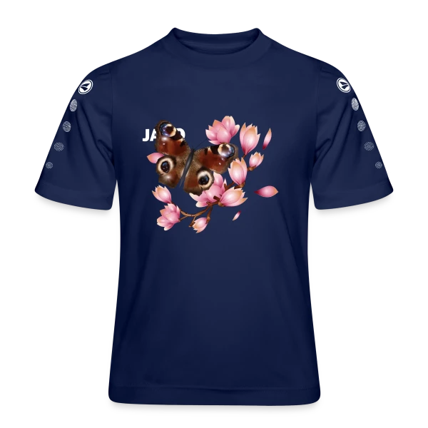 Papillon Paon et Magnolia Rose : Élégance Naturelle sur Maillot Team JAKO Enfant