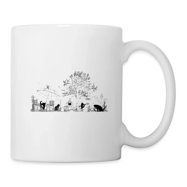 Jardin Luxuriant et Chats Noirs - Dessin Monochrome sur Mug blanc