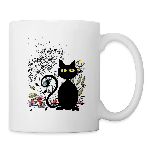 Chat Noir Fleuri sur Mug blanc