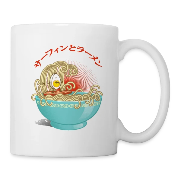 Surf & Ramens : L'Œuf glisse dans le bol sur Mug blanc