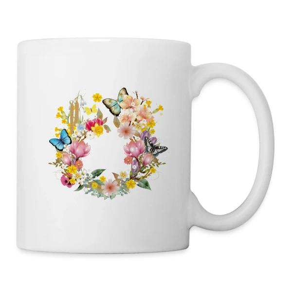 Éclosion Printanière : Fleurs et Papillons Colorés sur Mug blanc
