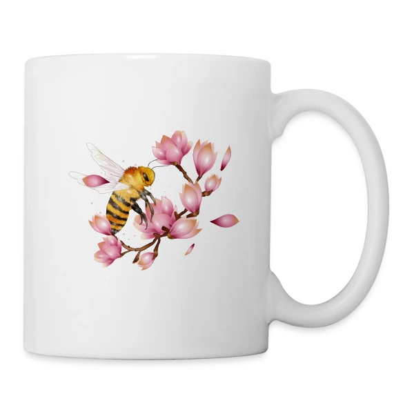 Abeille Volante et Magnolias – Dessin Main Élégant sur Mug blanc