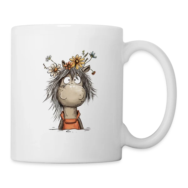 Cheval mignon en salopette et fleurs sauvages sur Mug blanc