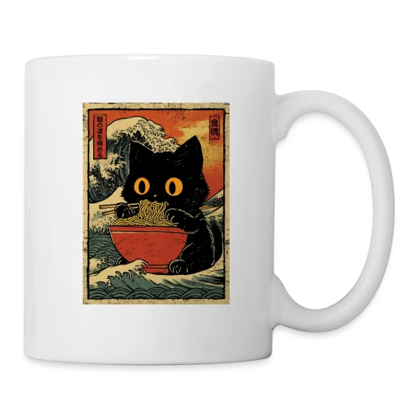 Chat Ramen et Vague Japonaise : L'Art Kawaii sur Mug blanc
