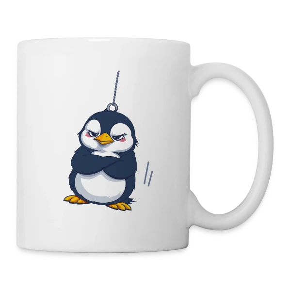 Pingouin Grognon Suspendu sur Mug blanc