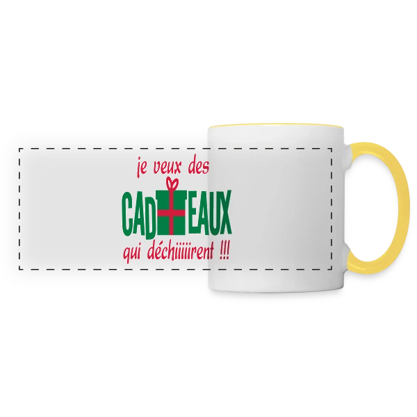 Je Veux des Cadeaux Qui Déchirent ! sur Mug panoramique contrasté et blanc
