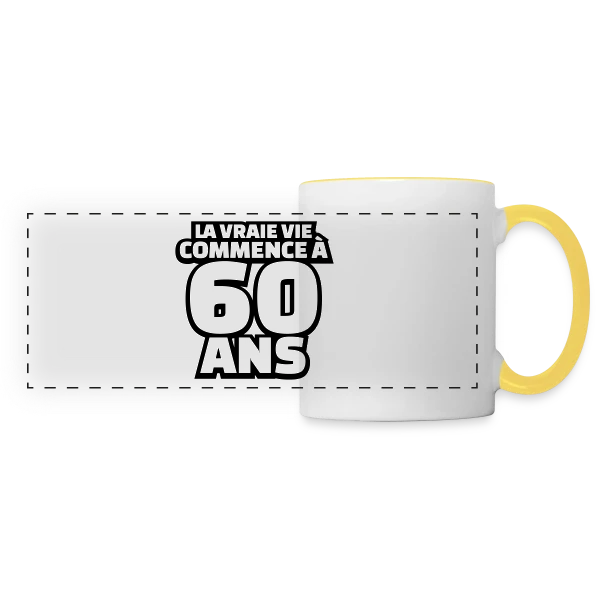 "La Vraie Vie à 60 Ans" : Humour pour les Soixante Ans sur Mug panoramique contrasté et blanc