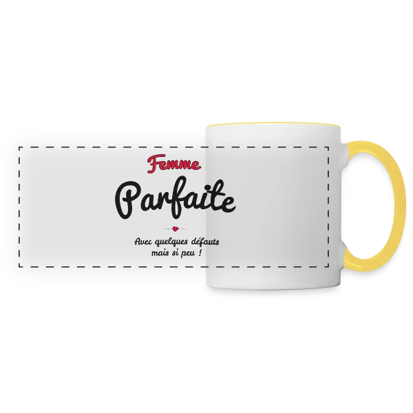 Femme Parfaite : Mes défauts ? Quels défauts ? sur Mug panoramique contrasté et blanc