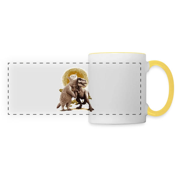Chats et Dinos Amis : L'Aventure Décalée sur Mug panoramique contrasté et blanc