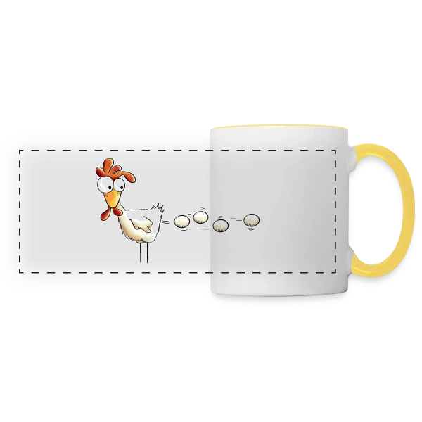 Attention, projectile poule ! Humour basse-cour sur Mug panoramique contrasté et blanc