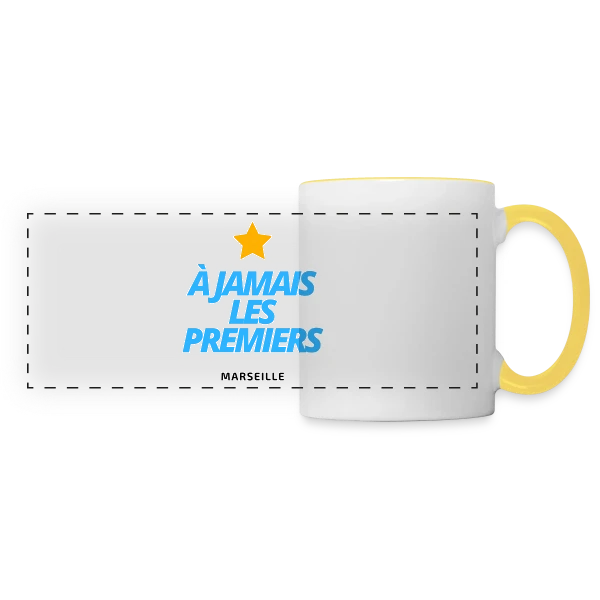 OM À Jamais Les Premiers (Bleu) sur Mug panoramique contrasté et blanc